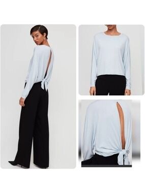 Aritzia Babaton Lonny Tie Open Back Tee Blue Top Relaxed Fit Shirt Size XS
